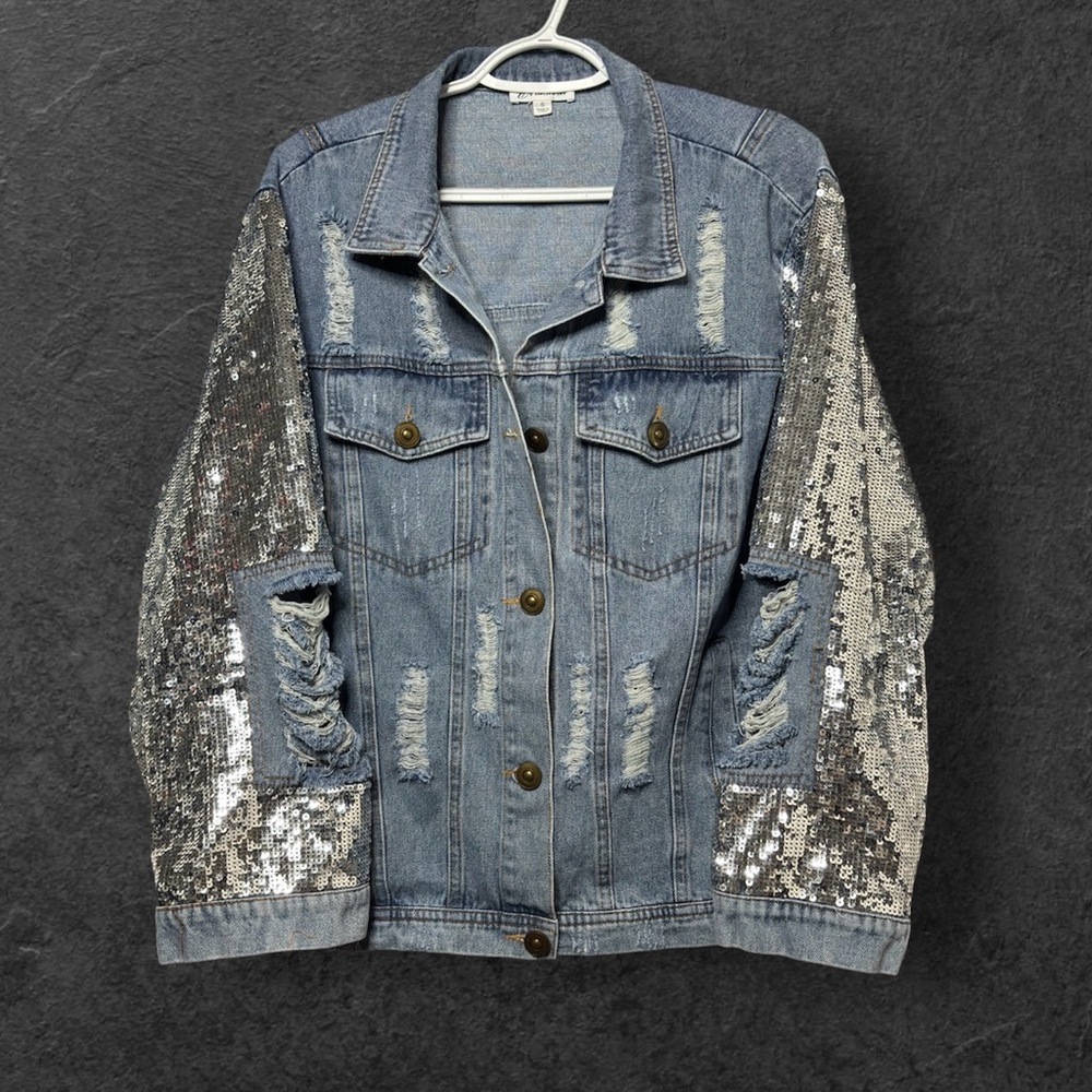 Macaron Sequin Sleeve Distressed Jean Jacket Blue Silver Oversized Small